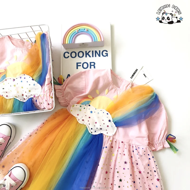 LEZONKIDS - 2023 New Summer Rainbow Clouds Rainbow Colors Stars Mesh Dress  Girl Dresses For Kids